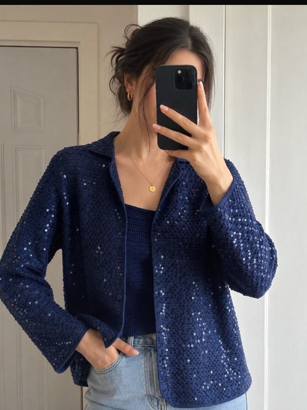 Talbots Navy Sequin Knit Blazer Jacket